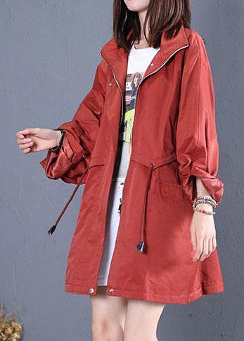 women trendy plus size mid-length coats fall red drawstring Coats