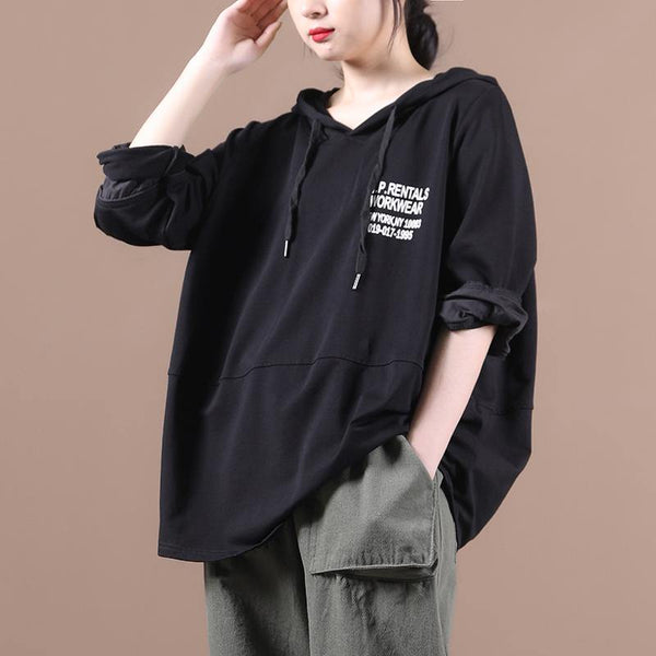 Natural hooded patchwork tops women Inspiration black Letter shirts