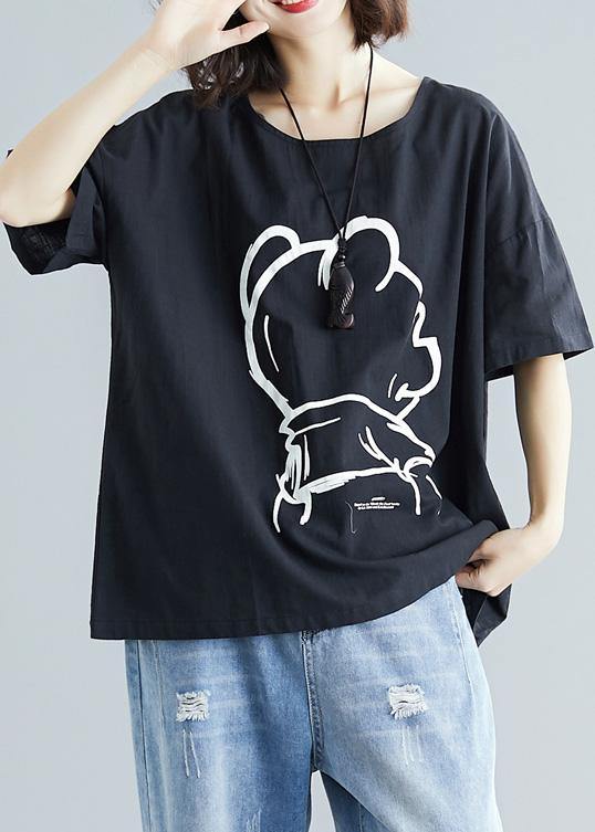 Women black cotton crane tops short sleeve Art summer blouses