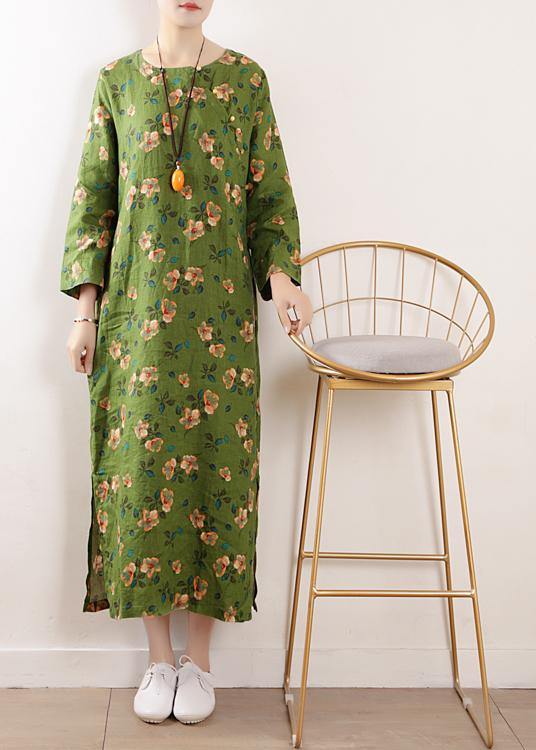 Bohemian green o neck linen outfit floral cotton summer Dress
