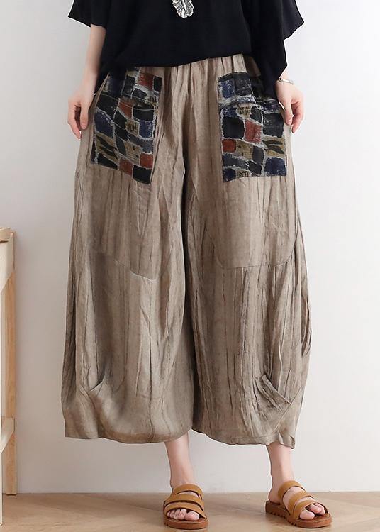 2021 summer original design linen nude patch retro wide-leg pants