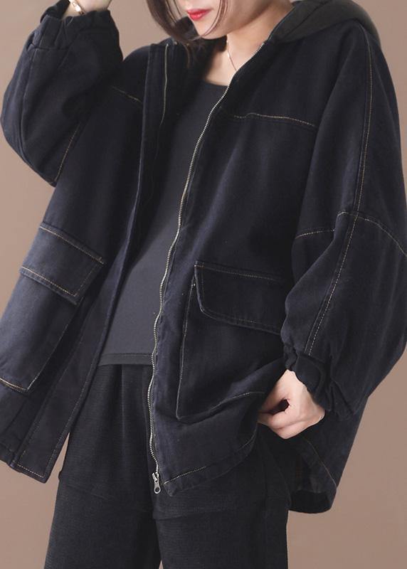 Loose black Fine clothes For Women Sewing two pockets patchwork hooded outwear