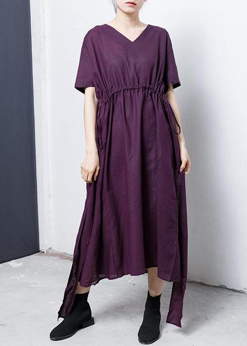 Women cotton Tunics Fine Lacing And Drawstring Solid Color Dress