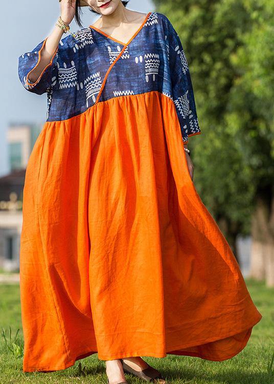 DIY blue print patchwork orange linen Robes v neck cotton summer Dresses