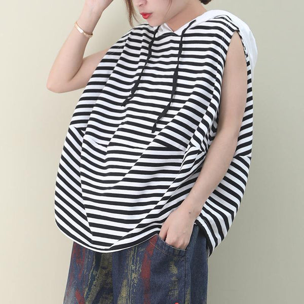 Elegant black white striped cotton top hooded sleeveless baggy blouse