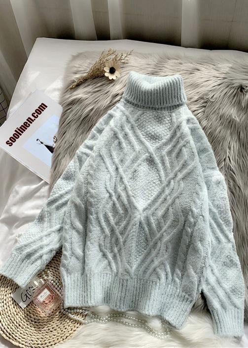 Vintage blue clothes warm casual high neck knitwear