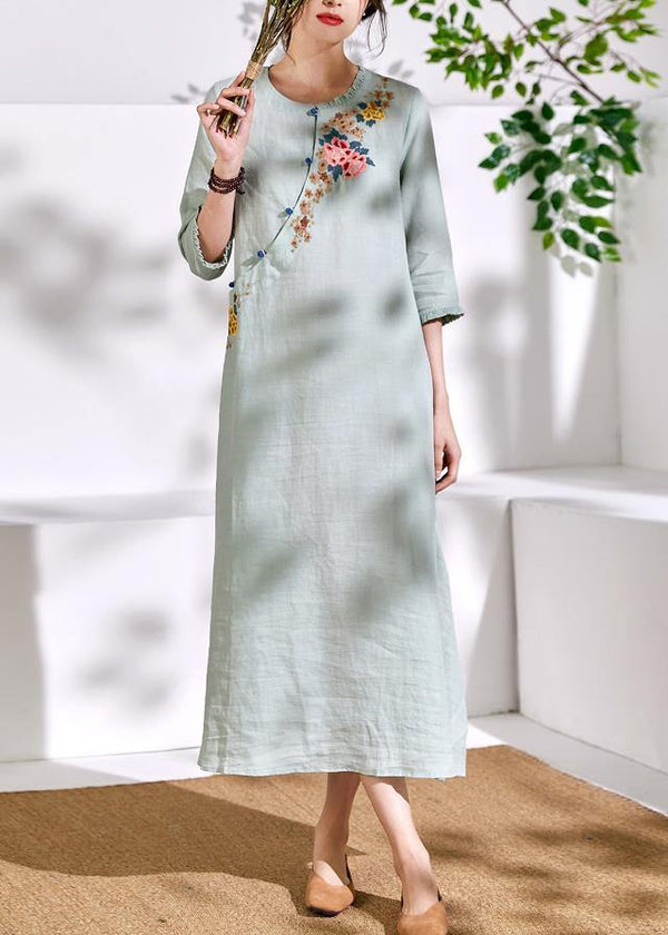 Bohemian green linen clothes For Women embroidery A Line o neck Dresses