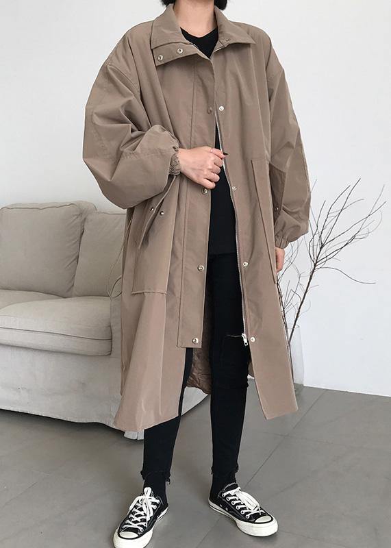 French khaki fine maxi coat Wardrobes zippered lapel collar women coats