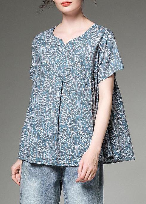 Women cotton linen tunic top Plus Size Split Neck blue Printed Pleated Short Sleeve T-Shirt