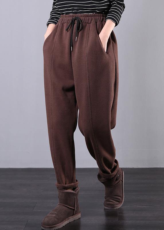 Modern chocolate trousers plus size fall drawstring pockets Outfits harem pants