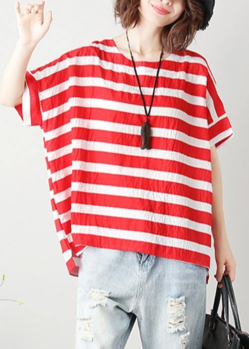 Loose red striped cotton clothes For Women o neck Batwing Sleeve silhouette blouses