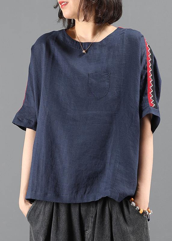 Women o neck patchwork summer tops navy Plus Size Clothing top