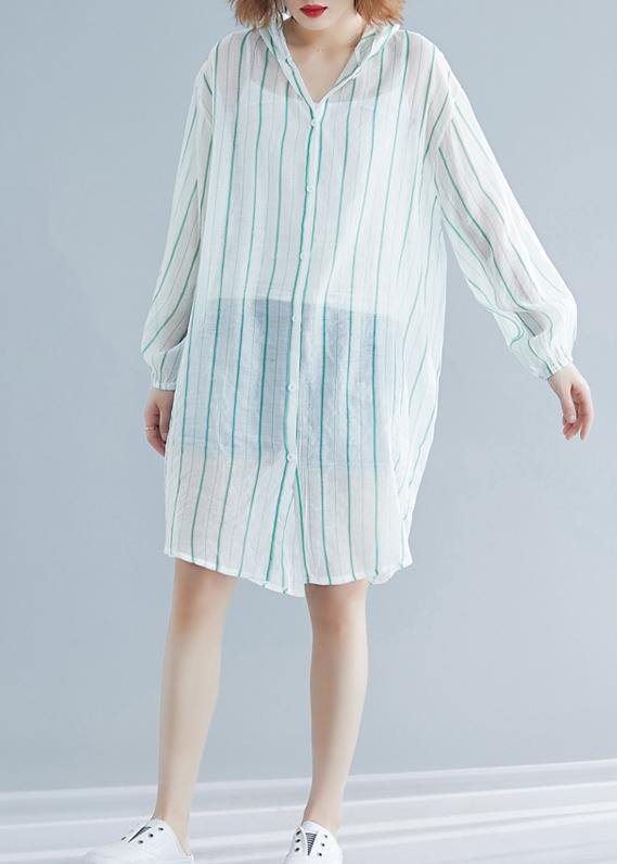 Style hooded chiffon Tunic Work green striped shirts summer