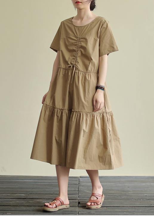 Loose khaki cotton Tunics o neck drawstring Traveling summer Dress