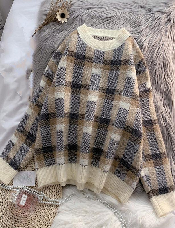 Women beige crane tops warm plus size plaid knit sweat tops