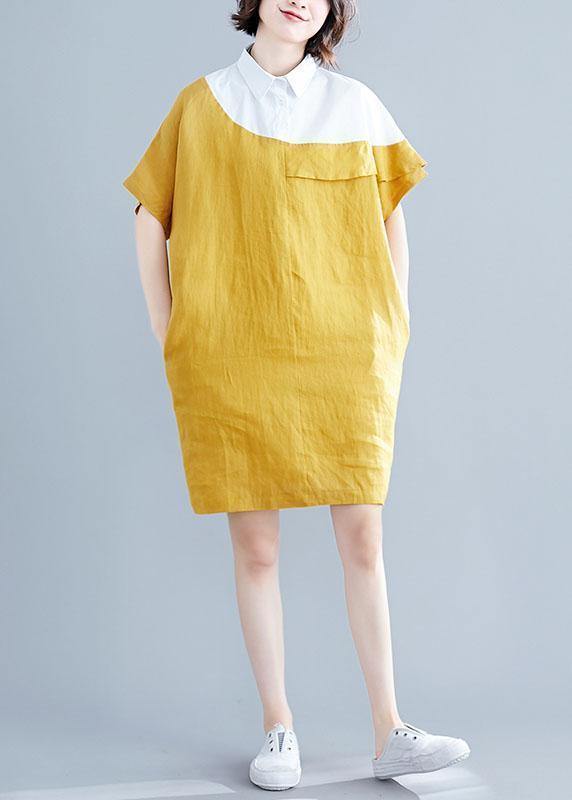 Women yellow Cotton tunics for women o neck patchwork loose summer Dresses