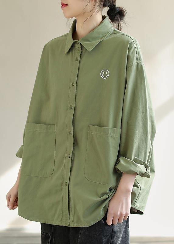 Diy Green Smiling Face Tunic Lapel Pockets Baggy Spring Shirts