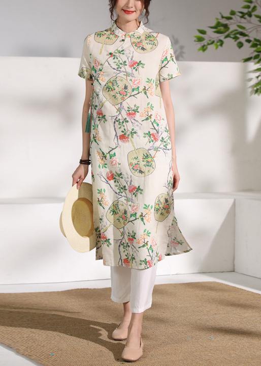 Handmade floral linen Long Shirts stand collar Button Down Midi Dresses
