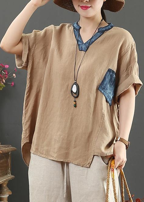 Elegant v neck pockets linen shirts women Cotton khaki blouses