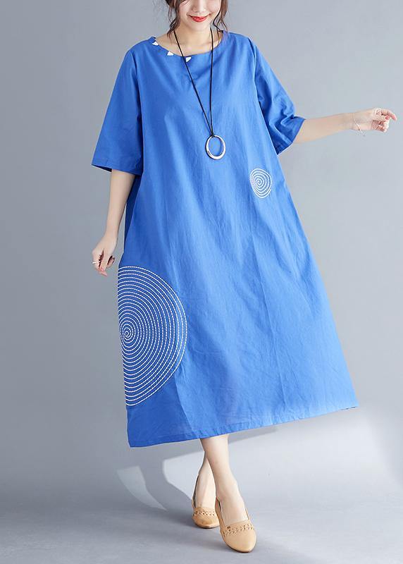 Unique blue cotton tunics for women fine Outfits o neck embroidery A Line Summer Dresses