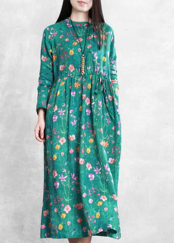 Women stand collar drawstring linen clothes Online Shopping green print Dress