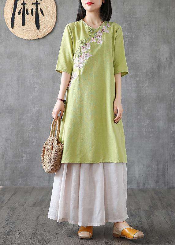 Women embroidery Chinese Button linen Catwalk green Dress