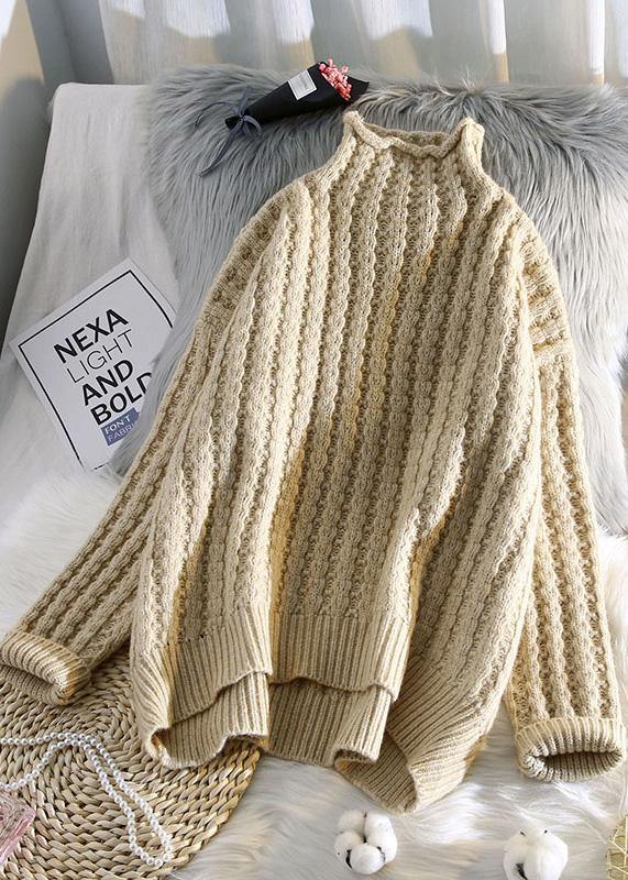 Vintage beige knitted pullover low high design plus size clothing half high neck knit sweat tops