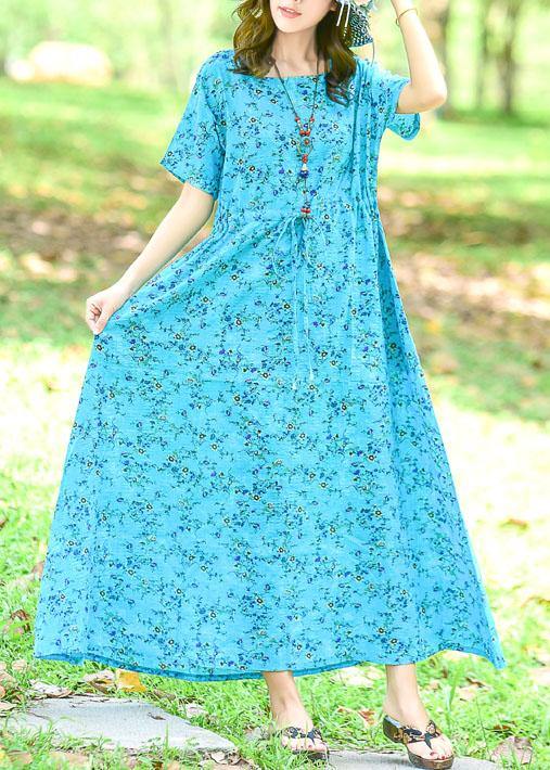 Women tie waist cotton dress Tutorials blue print long Dress summer