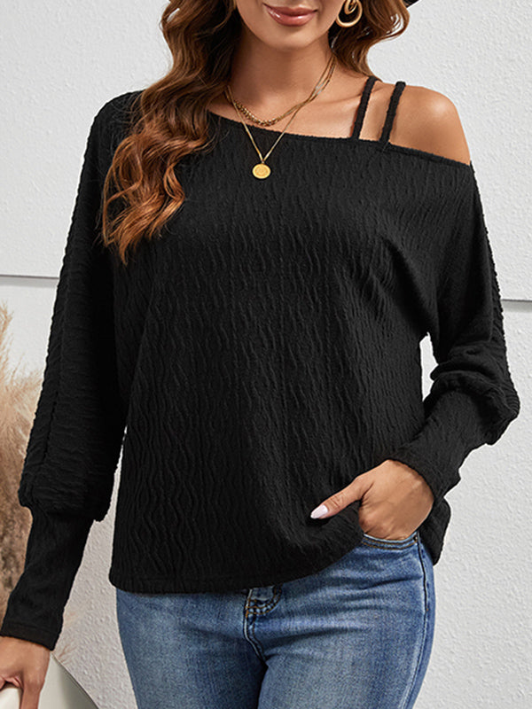 Long Sleeves Loose Solid Color Asymmetric Collar T-Shirts Tops