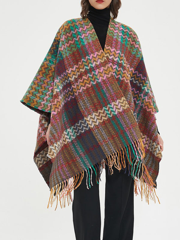 High-Low Long Sleeves Keep Warm Split-Side Tasseled Shawl&Scarf