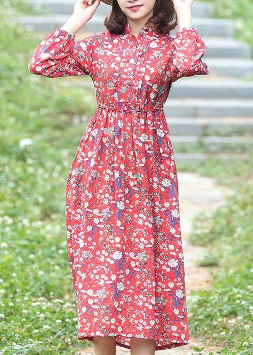 Women stand neck linen high neck clothes Fashion Ideas red floral Dress