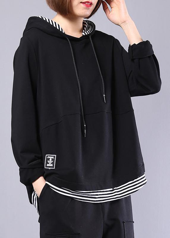 Natural black patchwork cotton clothes hooded false two pieces daily autumn tops