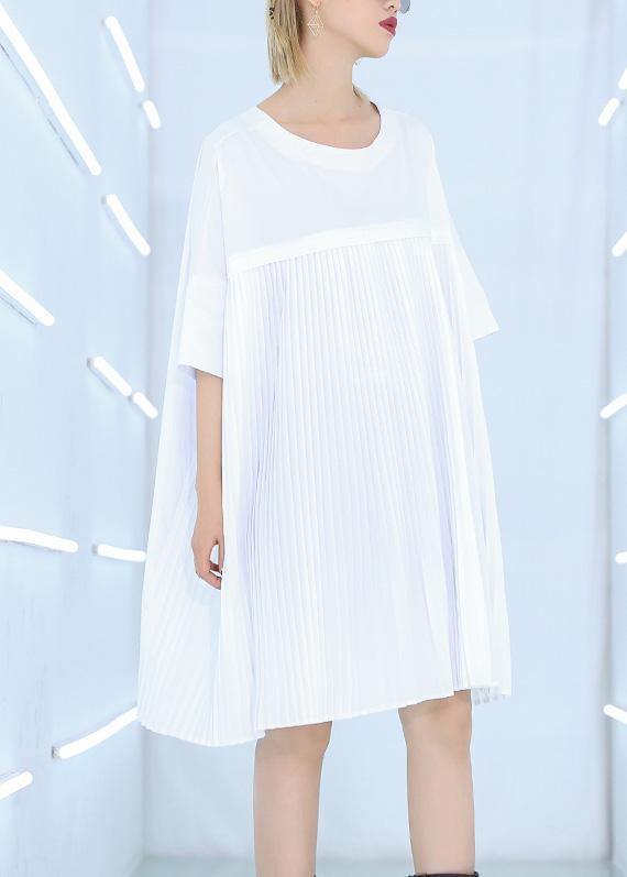 French white Cotton dresses Fine Work Outfits o neck Cinched Midi Summer Dress