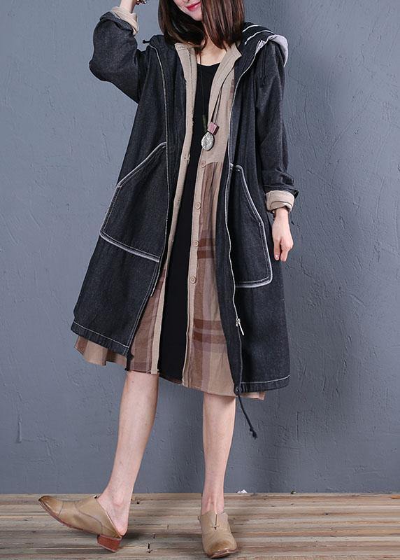 Fashion plus size trench coat fall black hooded overcoat