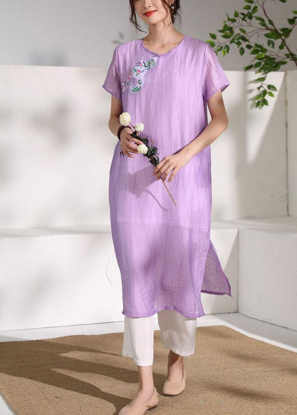 DIY purple linen clothes For Women o neck cotton side open Dress