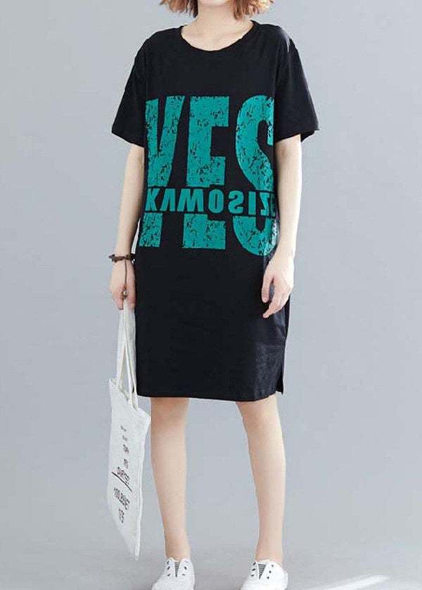 Women o neck Cotton clothes black print Dress summer