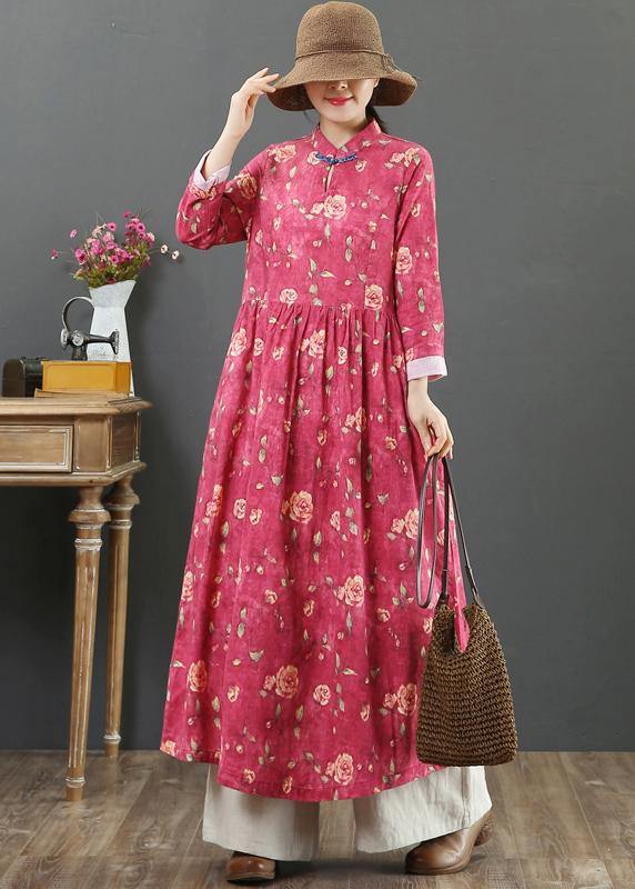 Chic Stand Collar Cinched Spring Dresses Red Print Plus Size Dress