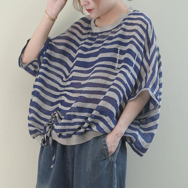 Unique o neck Batwing Sleeve linen shirts blue striped shirt