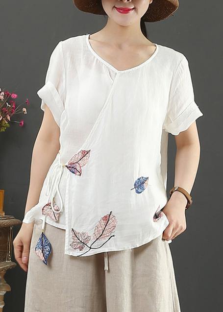 Elegant o neck short sleeve linen blouses for women Tutorials white print blouses