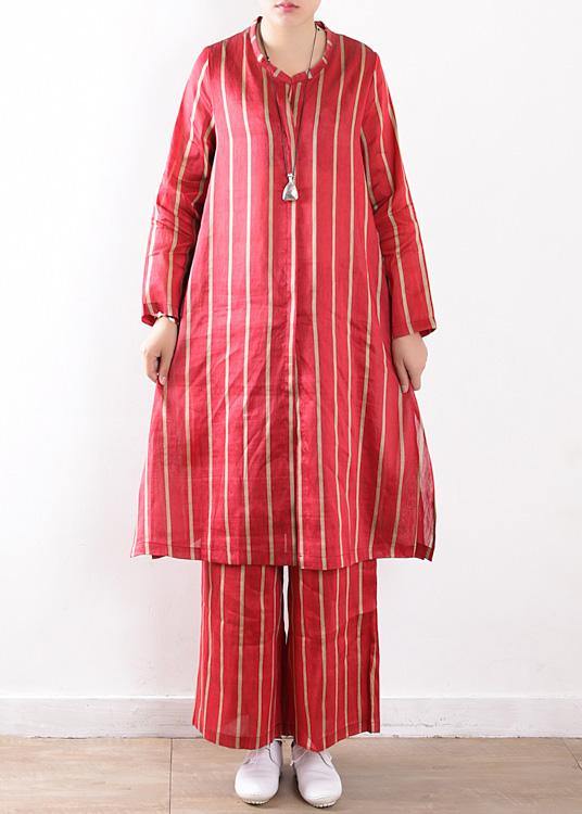 new striped red silk linen long shirt and elastic waist pants