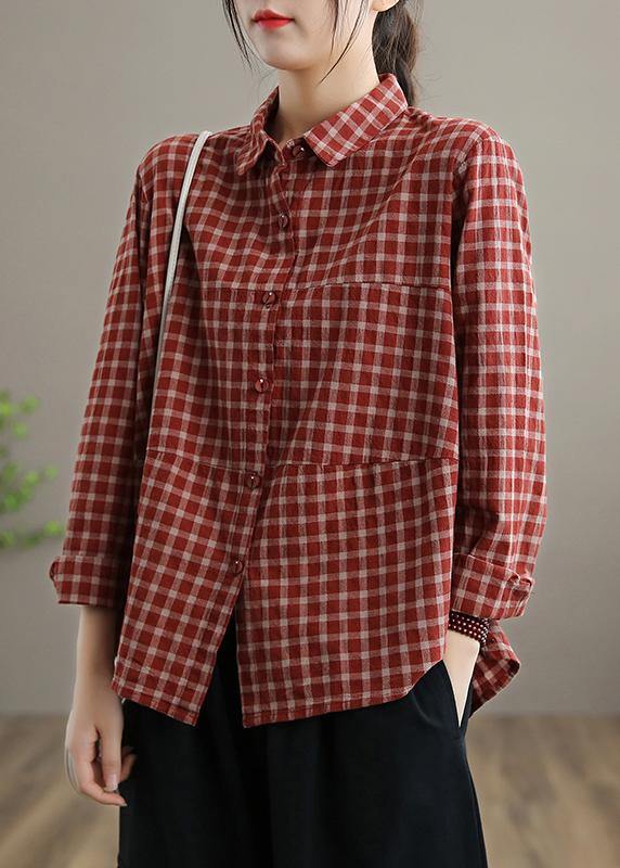 Loose Lapel Patchwork Spring Blouse Sleeve Red Plaid Top