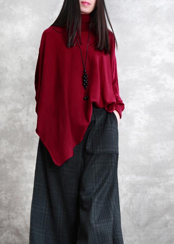 Loose red tops asymmetric hem oversized high neck blouse