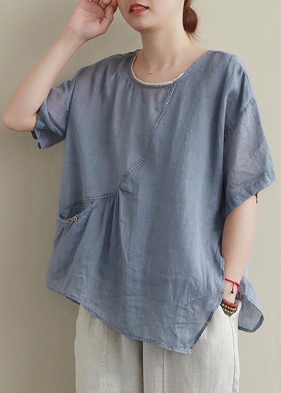 Modern blue cotton linen shirts women Sewing o neck asymmetric summer shirts