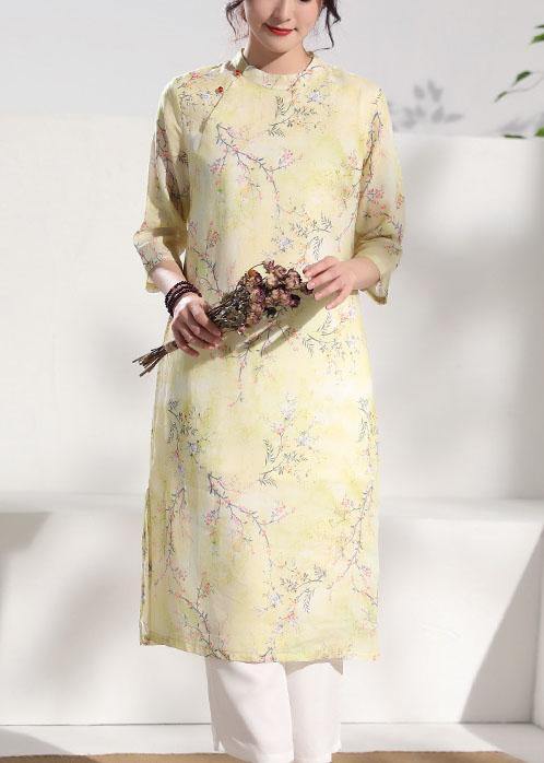 Unique o neck patchwork linen summer clothes Runway yellow print Dresses