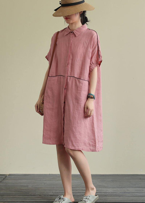Beautiful lapel pockets linen summer dresses Runway pink Dress