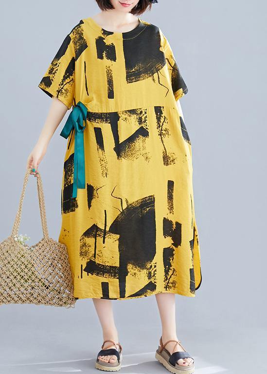 Elegant yellow print cotton Tunic o neck tie waist A Line summer Dresses