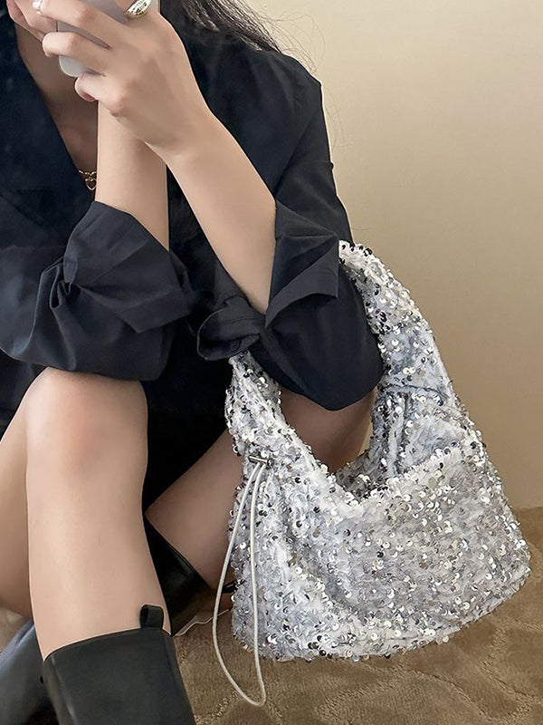 Drawstring Pleated Sequined Shoulder Bags Handbags