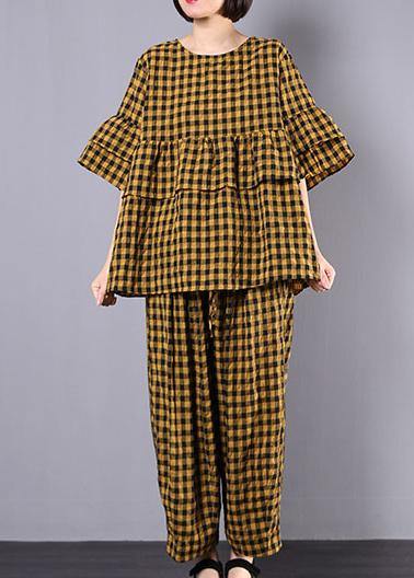 yellow plaid cotton linen patchwork ruffles tops and women wide leg pants two pieces