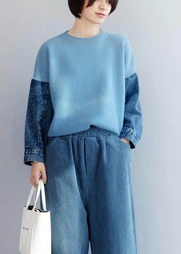 Fashion blue knitted pullover patchwork sleeve fashion o neck knit tops