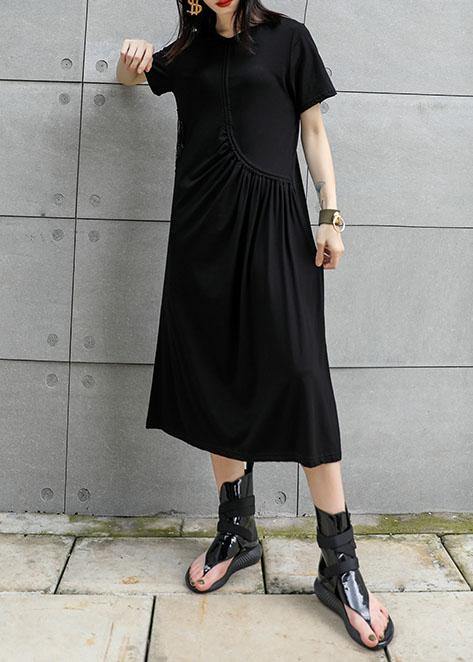 Women black cotton tunic dress hollow out Art summer Dresses